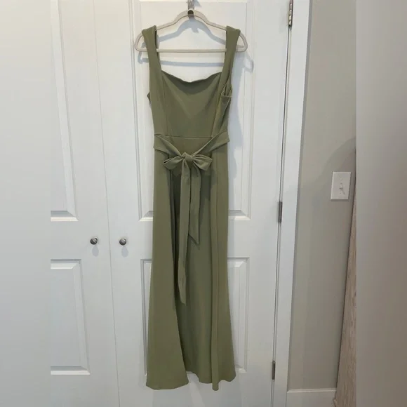 moss green wedding guest dress Wedtrend Women Elegant Lime Bridesmaid Dress A Line V Neck Flower Ruffle  Open Back Guest Dress with Slit – WEDTREND main image 0